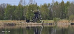 a windmill sitting in the middle of a body of water at Chalet te huur op Camping de Kleine Wielen te Leeuwarden in Leeuwarden