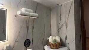 a bathroom with a toilet and towels on the wall at Leonidas house hydra in Hydra +62 photos