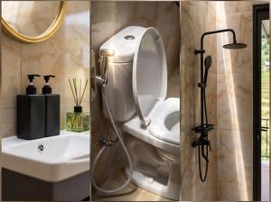 two pictures of a bathroom with a toilet and a shower at Private Cabin in Bandung +6 photos