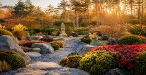 a garden with rocks and a stone path at Fujinomori Hotel in Fujikawaguchiko