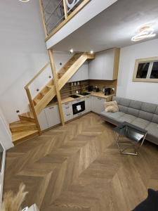 a large living room with a couch and a kitchen at Apartament Ana in Lublin