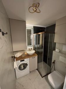 a bathroom with a washing machine and a sink at Apartament Ana in Lublin
