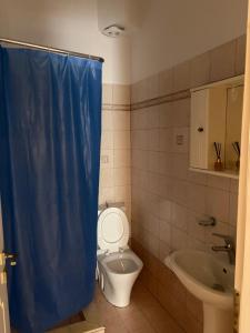 a bathroom with a toilet and a sink and a blue shower curtain at Διαμερισμα στο Αιγιο in Aigio