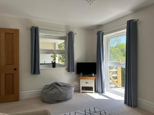 a living room with a window and a television at Woody Nook Annexe in Pavenham