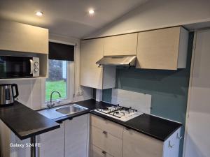 a kitchen with a sink and a stove top oven at Chalet te huur op het 'Eiland' Camping de Kleine Wielen Leeuwarden in Leeuwarden