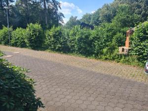 a cobblestone road in a garden with bushes at Haus Goldregen - App. 223 in Thalfang +3 photos