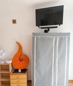 a flat screen tv on top of a stand in a room at Studio confortable, Rennes les bains, 17 m² + Balcon in Rennes-les-Bains
