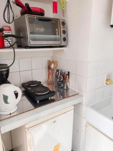 a kitchen counter with a toaster oven and a microwave at Studio confortable, Rennes les bains, 17 m² + Balcon in Rennes-les-Bains