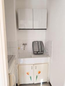 a white sink with a phone on top of it at Studio confortable, Rennes les bains, 17 m² + Balcon in Rennes-les-Bains +4 photos