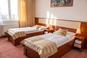 a hotel room with two beds and a window at Hotel Auto Jas in Nitra +25 photos