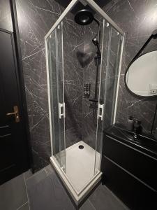 a shower with a glass enclosure in a bathroom at Chill & Play in Casteljaloux