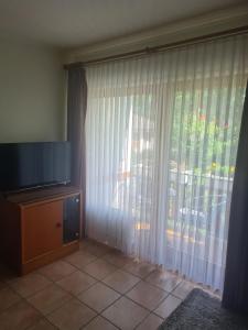 a living room with a television and a large window at Haus Goldregen - App. 223 in Thalfang