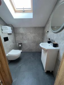 a bathroom with a white toilet and a sink at Relax Chańcza in Pągowiec