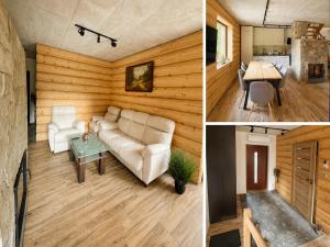 a living room with a couch and a table at Relax Chańcza in Pągowiec +10 photos
