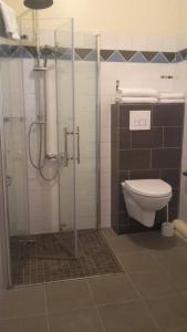 a bathroom with a toilet and a glass shower at E I PERLES de AIME in Laurac-en-Vivarais
