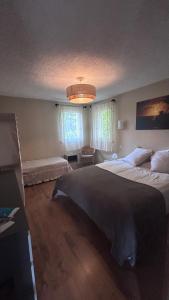 a bedroom with two beds and a chandelier at Les Freds in Ventavon +44 photos