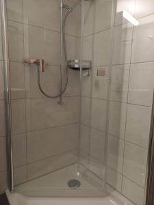 a shower with a glass door in a bathroom at BergZeit- Relax Explore Belong in Stalden +39 photos