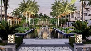 a rendering of a fountain in a courtyard with palm trees at Taj Pushkar Resort & Spa, Rajasthan in Pushkar