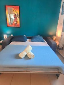 a bed in a room with a roll on it at Gite, Route Des Laves in Saint-Philippe +17 photos