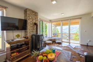 a living room with a fireplace and a television at Utopia Mountain resort Bjelasnica in Bjelašnica