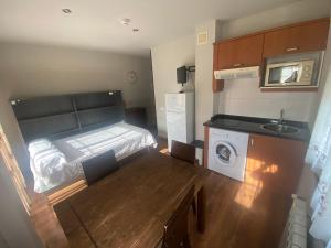 a small room with a bed and a table with a washing machine at El Molin de Eloy in Felechosa