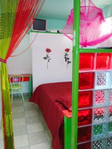 a room with a bunk bed with red and green curtains at Studio charmant à Rivière Salée - 22 m² + Parking in Rivière-Salée