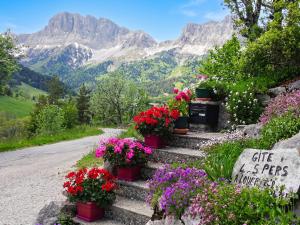 a group of flowers on steps with mountains in the background at Appartement chaleureux à Gresse-en-Vercors 43 m² vue montagne in Gresse-en-Vercors
