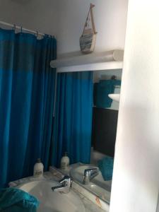 a bathroom with a sink and a blue shower curtain at Chambre la paix verte in Payrac