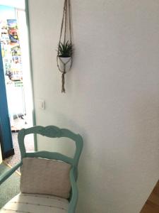 a chair in a room with a plant on the wall at Chambre la paix verte in Payrac