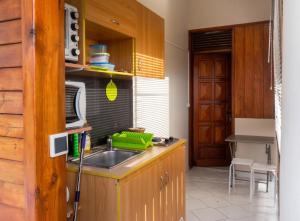 a kitchen with a sink and a microwave at Studio charmant à Sainte-Anne, 23 m², piscine partagée in Sainte-Anne