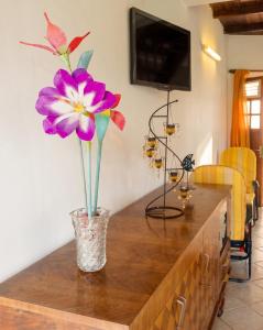 a vase with a purple flower sitting on a table at Appartement accueillant au Robert avec balcon et jardin in Le Robert