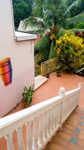 a balcony with a white railing and plants at Appartement accueillant au Robert avec balcon et jardin in Le Robert +7 photos
