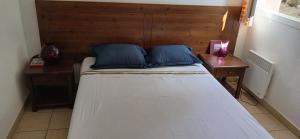 a bed with two blue pillows and a wooden headboard at Beau séjour in Prayssac
