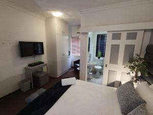 a room with a bed and a television and a bathroom at Rosahoff Guesthouse in Windhoek