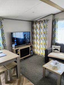 a living room with a tv and a couch at Rosie Caravan Selsey in Selsey