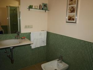 a green tiled bathroom with a sink and a toilet at Casa da Poza in A Estrada