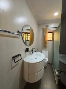 a bathroom with a sink and a mirror and a toilet at JAYNIEL Apartments #2 in Lusaka