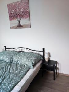 a bedroom with a bed and a picture on the wall at Campana Apartment - Szigetvár in Szigetvár +3 photos