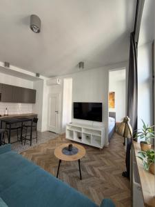 a living room with a bed and a tv at CanvasHome Apartamenty Aparthotel 250m od Rynku in Katowice