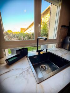 a kitchen counter with a sink and a window at Blossom Bliss in La Norville