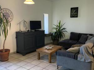 a living room with a couch and a tv on a cabinet at Gîte spacieux en campagne avec jacuzzi, sauna et jeux extérieurs - FR-1-496-52 in Saint-Just-la-Pendue