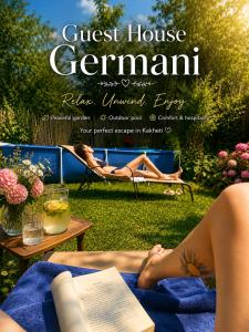 a woman laying on a blanket in a garden with a book at Guest House Germani in Telavi
