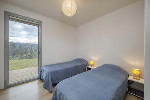 two beds in a room with a large window at Wooden Villa 4 in Veyrier-du-Lac