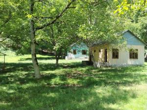 a small house in the middle of a yard with trees at Gurbanefendi forest cottages in Qurbanǝfǝndi