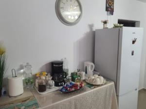 a kitchen with a counter with a white refrigerator at Casa Tim in Tulcea