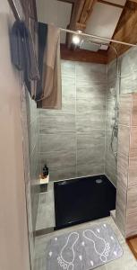 a bathroom with a shower with a black counter top at Sunrise Loft in Bingen am Rhein