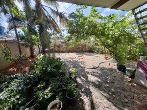 a garden with trees and plants on a patio at Kamaleswari Villa Trincomalee in Trincomalee