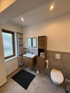a bathroom with a toilet and a sink at Ferienwohnung Arend in Nonnweiler +31 photos