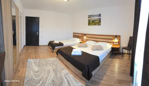 a hotel room with two beds and a desk at Poiana Bucovat in Gura Humorului