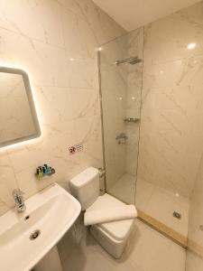 a bathroom with a shower and a toilet and a sink at Prince Pyramid HoteLL in Cairo +15 photos